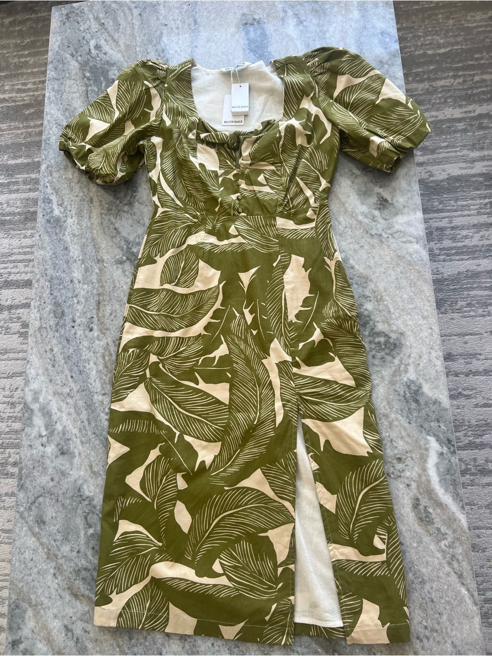 Walter Baker Olive & Cream Leaf-Print Puff Sleeve Midi Dress with Front Slit